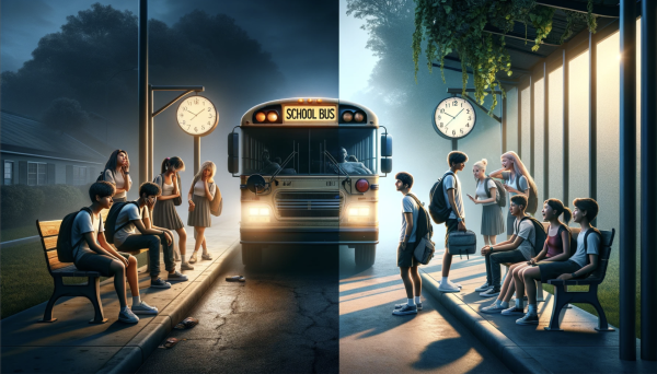 Digital Artwork Depicting High School Students at Different Times of the School Day, Emphasizing the Impact of Start Times on Student Alertness and Well-being. Created by ChatGPT for a New York Times editorial, April 2024.